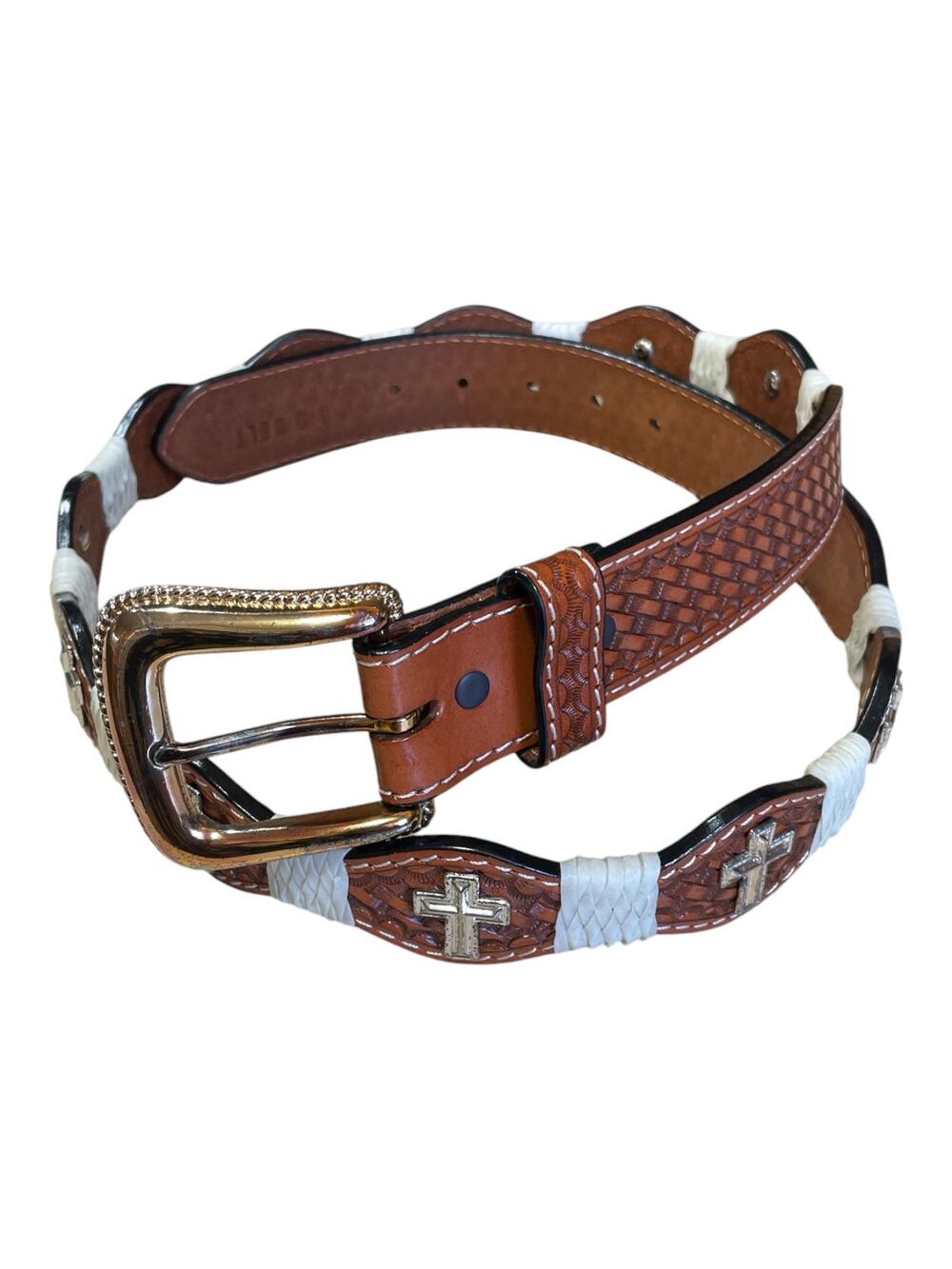 3D Belt Co Hand Tooled Leather Western Belt Cross Conchos White Braided 42